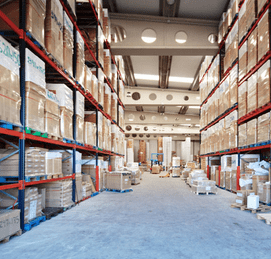 Warehouse with boxes on shelves
