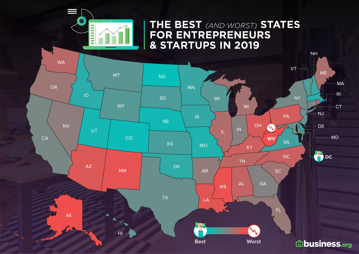 Map of the United States showing the top 10 states for entrepreneurs and startups