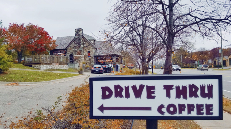 Drive thru sign at coffee shop