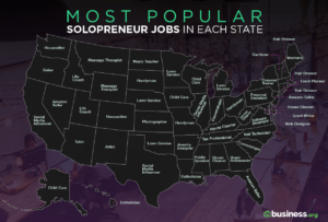 Map of the United States with each state labeled with its most popular solopreneur job