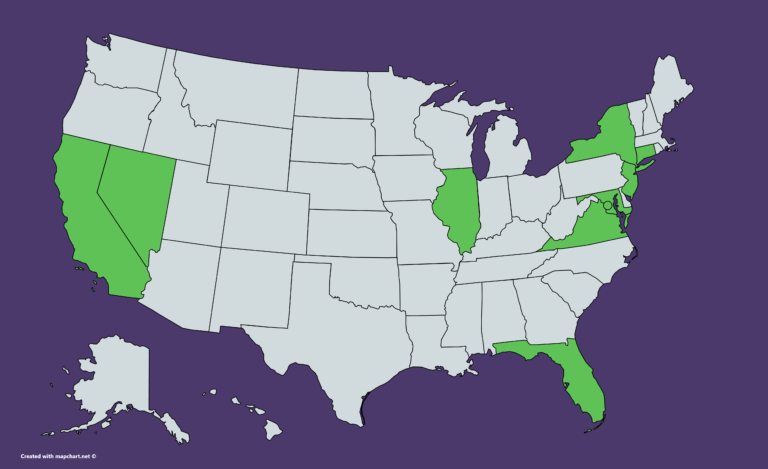 US map of states where Citibank is available, including California, Connecticut, Florida, Illinois, Maryland, New Jersey, New York, Nevada, and Virginia