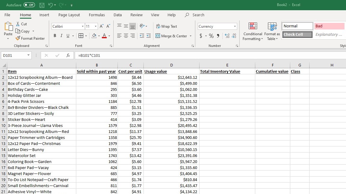 Spreadsheet with usage value for each item