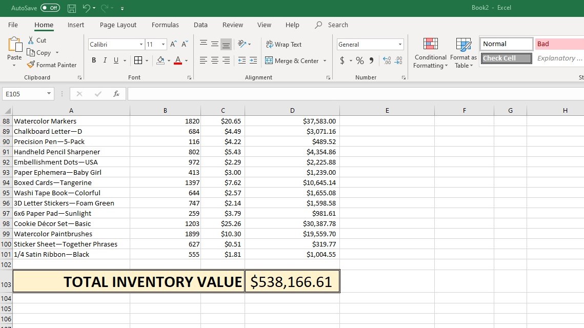Spreadsheet of items with total inventory value calculated