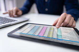 Featured image of a white business person checking a spreadsheet on a tablet