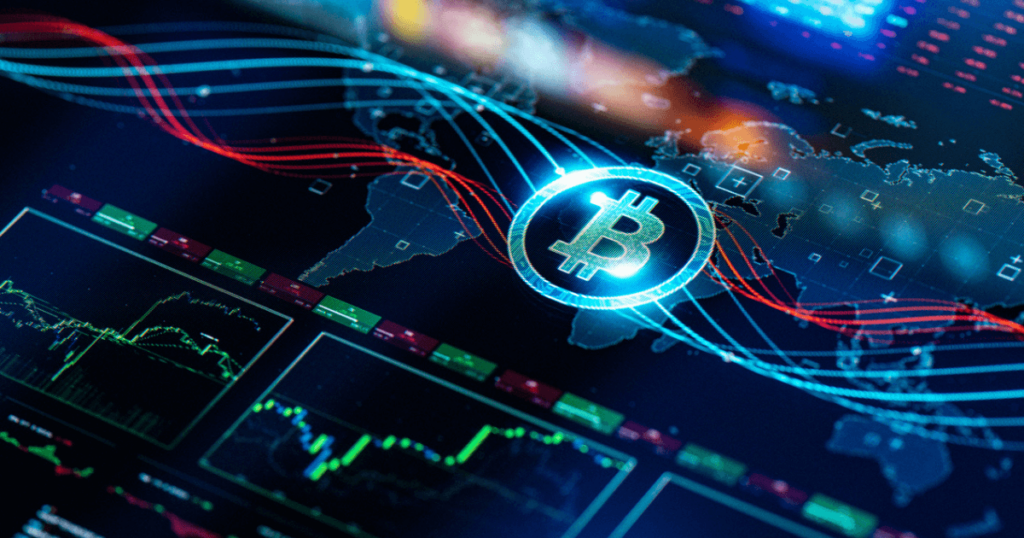 An image of graphs, stock, and a map of the world with the Bitcoin symbol.