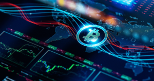 An image of graphs, stock, and a map of the world with the Bitcoin symbol.