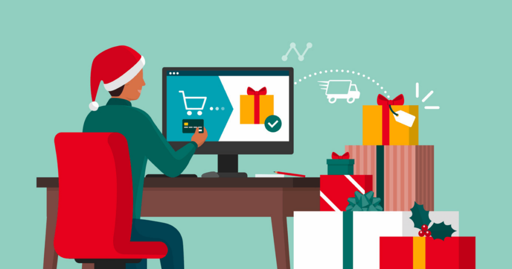 A clip art image of a person in a Santa hat ordering gifts online