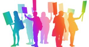 A digital image of people holding signs at a strike