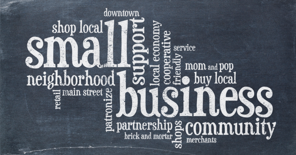 Word art featuring the word "small business" surrounded by other words like "shop local," "cooperative," and "friendly."