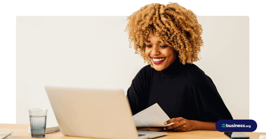 happy woman working at computer