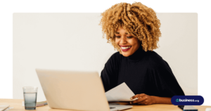 happy woman working at computer