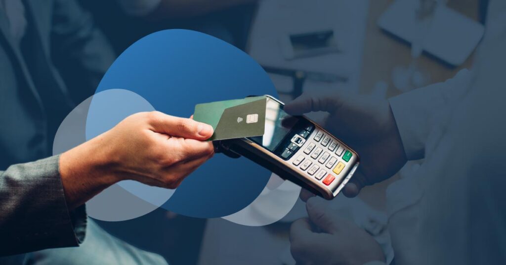 person paying with credit card on an abstract background